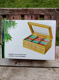 New Bamboo Tea Storage Box, 4"H x 9"W x 6.5"L, Glass Top View