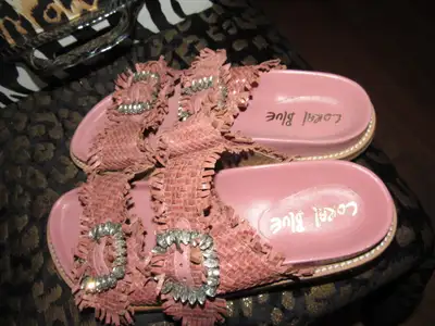 Coral Red Leather Hand-woven Gemstone Buckle Summer Slippers 8.5, View more
