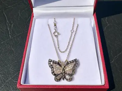 #725 10-14kt Butterfly Pendant Necklace 17-18”, Diamond & Quartz, View more