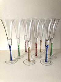 8 Murano Blown Glass Champagne Flutes Coloured Art Glass Swirl