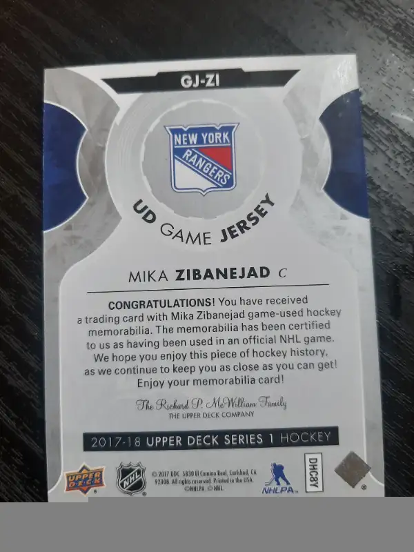 Mika Zibanejad 2017-18 Upper Deck - UD Game Jersey #GJ-ZI in Arts & Collectibles in Oakville / Halton Region - Image 3