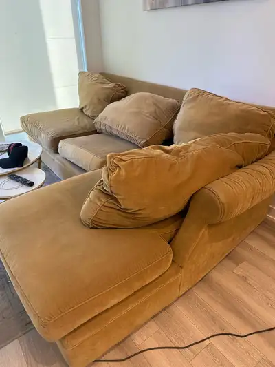 yellow suede L shaped couch + tv stand, View more