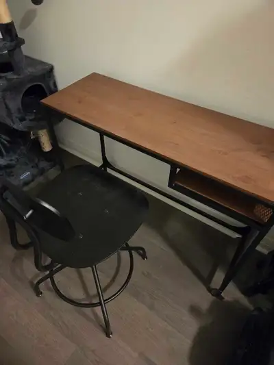 Wood swivel chair and wood and iron desk, View more