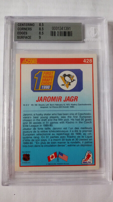 1990-91 Score Hockey Jaromir Jagr Rookie RC BGS 8.5 Pittsburgh in Arts & Collectibles in St. Catharines - Image 3