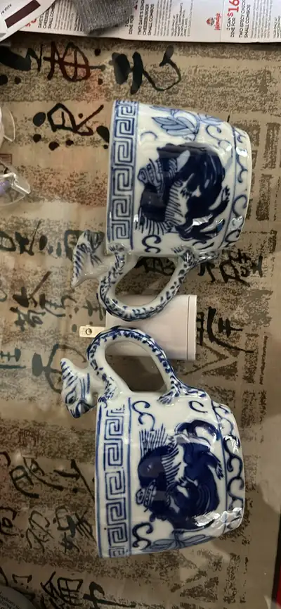 Set of 2 Chinese blue & white dragon tea cups, View more