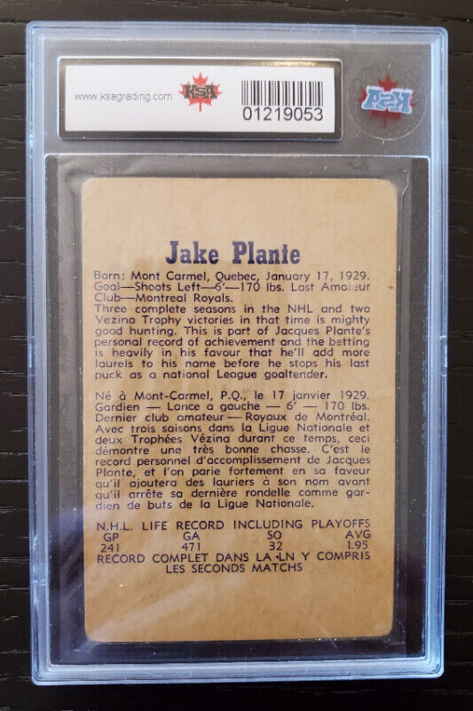 JACQUES PLANTE - 1957-1958 PARKHURST # 15 M15 GRADED CARD in Arts & Collectibles in Burnaby/New Westminster - Image 2