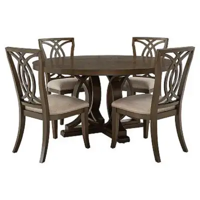 4-person dining table and 4 chairs made of solid wood. Color is dark walnut. The table and all four...
