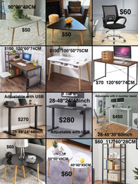 Desks and coffee tables and office chairs and bookshelf from $60