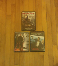 3 DVDs: $2.50 each - chacun. DEFIANCE -SHAFT -THE INTERNATIONAL.