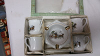 Vintage 4 Coffee Cup Mugs  Ashtray Set Horse Buggy Portugal