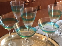 Pier 1    3  martini glasses 3wine glasses Teal blue stipe on cl