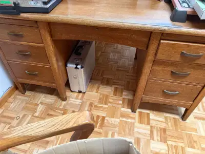 Large antique oak desk and swivel chair, View more