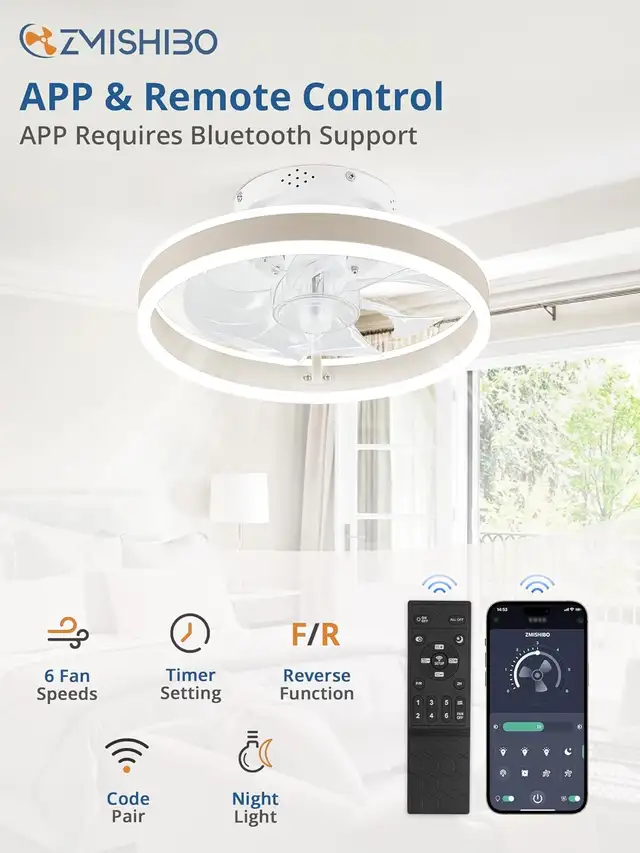 ZMISHIBO Brown Flush Mount Ceiling Fan with LED Light, 6 Speeds, in Indoor Lighting & Fans in Mississauga / Peel Region - Image 6
