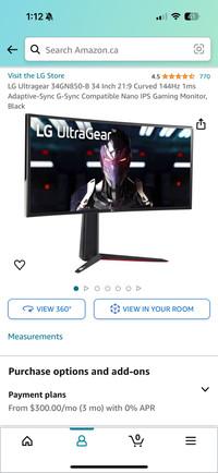LG 34 inch Gaming Curved Monitor 144hz 1ms