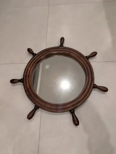 Vintage Nautical Ship Wooden Wheel Wall Mirror- Made in Canada, View more