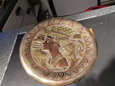 10"Egyptian copper & brass decorative wall plate., View more