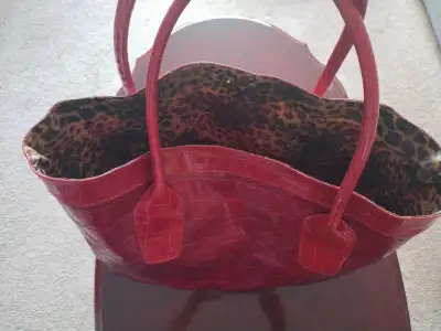 Red crocodile-embossed leather over night tote bag , View more