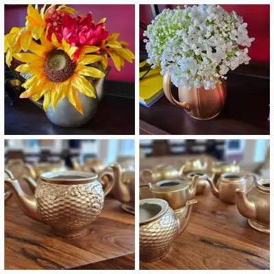 8 Gold painted mismatch style tea pots (not food safe). Each is 4 - 5 inches high. Ideal for use as...