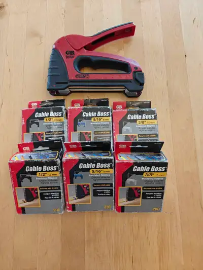 Staple gun and various sized staples. Shoots shielded staples that don't crimp the wire. Used for on...