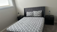 Bed frame, mattress , bedding set , duvet, 2 side table &lamp