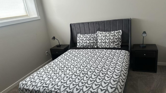 Bed frame, mattress , bedding set , duvet, 2 side table &lamp in Bedding in Calgary