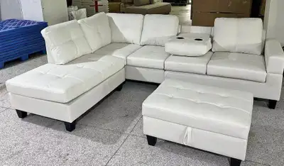 White Leather Sectional Sofa with Ottoman, View more