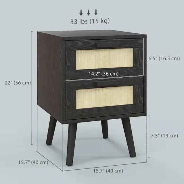 Black Boho Nightstand, Bedside Table with 2 Drawers  in Dressers & Wardrobes in Markham / York Region - Image 2