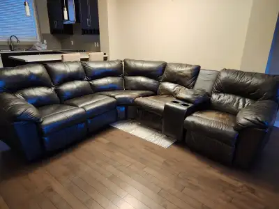 Triple recliner leather L-shaped couch, View more