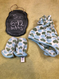 Toddler Hat and Mitt hearts winter set blue/green - fits 6-12 mt