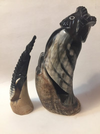 African hand carved buffalo horn owl and alligator     figurine