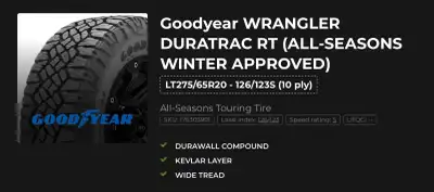 Goodyear WRANGLERDURATRAC RT - LT275/65R20 - New, never mounted. Selling my truck so no longer need...