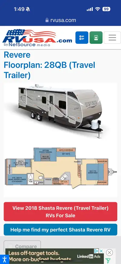 28,500$ OBO Discover the freedom of the open road with this used 2018 Shasta Revere travel trailer,...