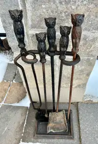Antique Owl Themed Iron Fireplace Tool Set (c. 1910)