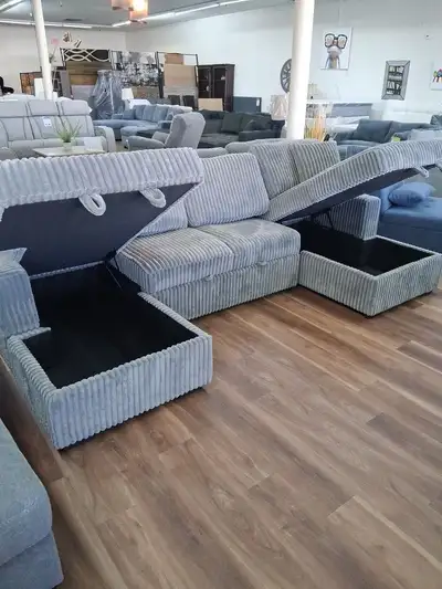 4 Setaer Corduroy Sofa Bed with Dual Storage Chaise Lounges., View more
