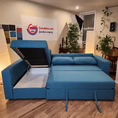 CANAPÉ-LIT SECTIONNEL AQUA BLEUE REMIS À NEUF+LIVRAISON GRATUITE, View more
