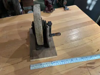 Antique Hand crank 7" wet stone grinder, cast iron water trough., View more