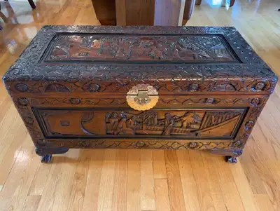 Antique Asian Hand-Carved Wooden Chest, View more