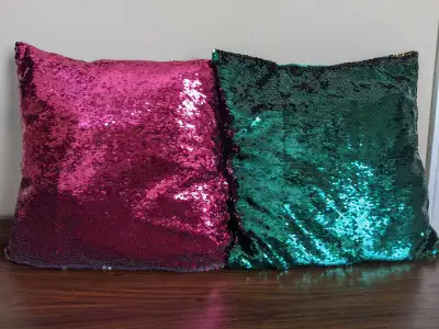 "Wicked" Sequin Flip Pillows - Pink/Silver & Green/Gold, $5 each, View more