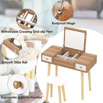 Modern Wood Vanity Table with Mirror & Stool Special $99, View more