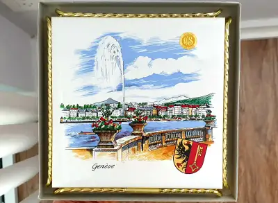 ** Famous Geneva water fountain painted on tile. ** Quality hand-made from Villeroy & Boch. ** The t...