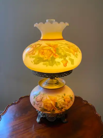 Vintage Rose Painted Glass Table Lamp, View more