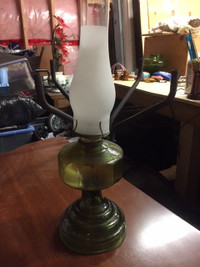 Vintage Hurricane Lamp - Green pressed glass 24" tall