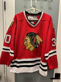 CHICAGO BLACKHAWKS RED/BLACK JERSEY BELFOUR #30  SEWN PATCHES