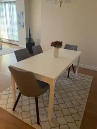 Extendable dining table with beautiful grey/oak chairs