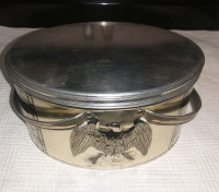 Vintage TRI-CHEM Embroidery Tin Container. Embossed bald eagle
