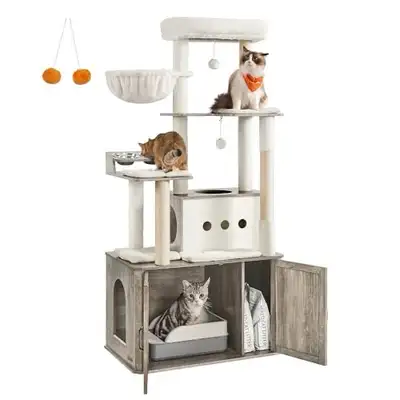 67”H, multi-level cat tree, mottled greige color, View more