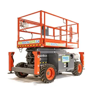 Skyjack SJ6832 outdoor scissor lift available to rent. We offer free delivery and pickup --------- P...