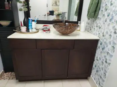 Brown and white bathroom vanity set, View more
