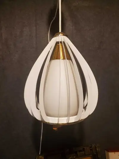 Space Age Atomic Ceiling Light MCM White Brass Ribbed Frosted, View more