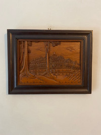 Antique  Deep Relief Carving Wood Plaque / Temple.16”x12”.